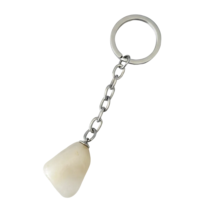 Opaque White Quartz Natural Earth Stone Handmade Steel Plated Keychain on a white background.