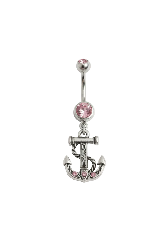 Pink Crystal Anchor Belly Button Ring in 316l stainless steel close up detail.