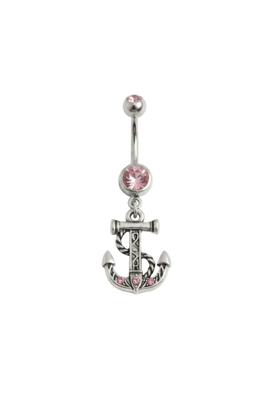 Pink Crystal Anchor Belly Button Ring in 316l stainless steel close up detail.