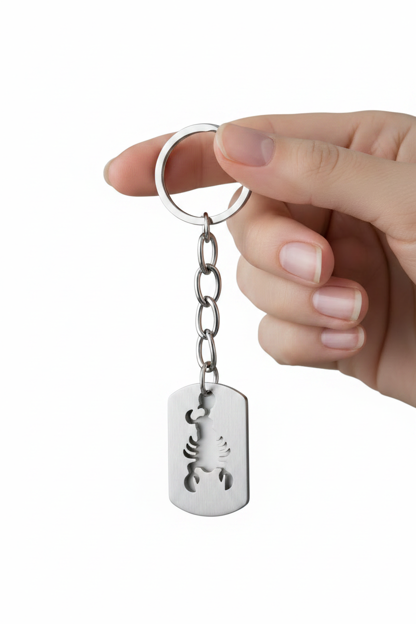 Lobster Tag Handmade 316L Stainless Steel Charm Keychain held by a hand showing scale.