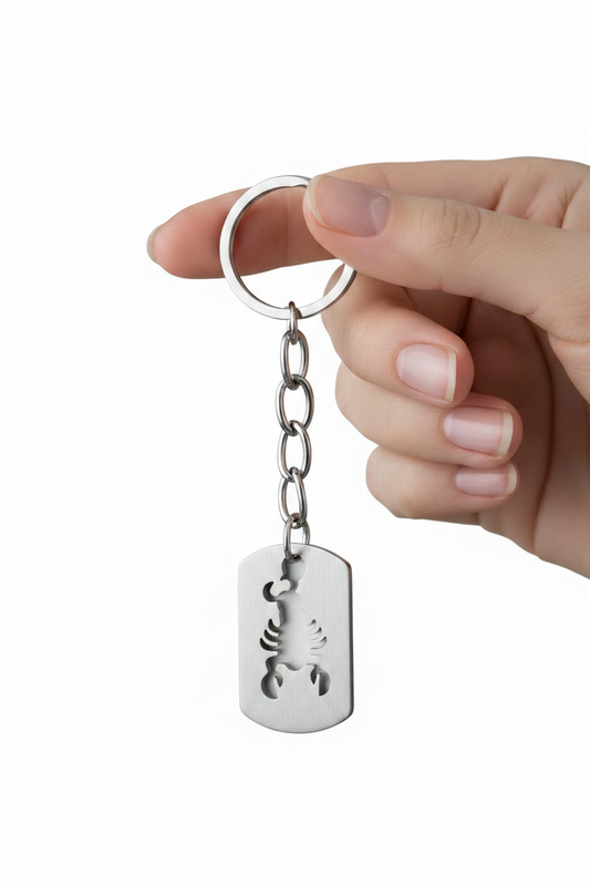 Lobster Tag Handmade 316L Stainless Steel Charm Keychain held by a hand showing scale.