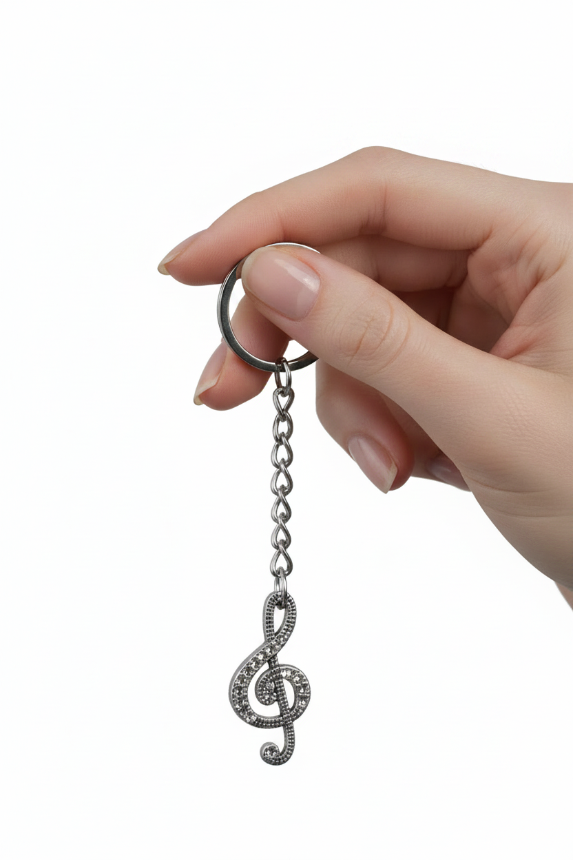 Treble Clef Handmade Silver Plated Charm Keychain held by a hand showing scale.