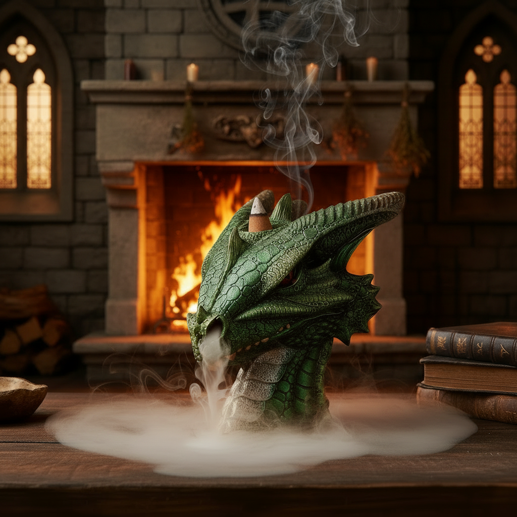 Green Medieval Dragon Head Back Flow Resin Incense Holder - Free Incense on a wooden table in front of a fireplace in a medieval castle setting with incense burning and smoke cascading downwards.