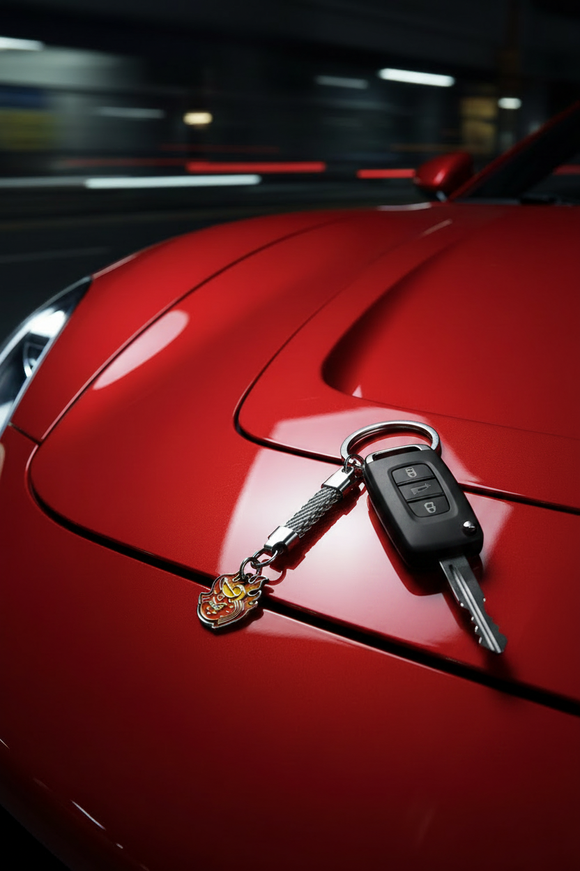 Little Red Devil Handmade Silver Plated Charm Keychain on the hood of a red sports car with a car key on the key ring.