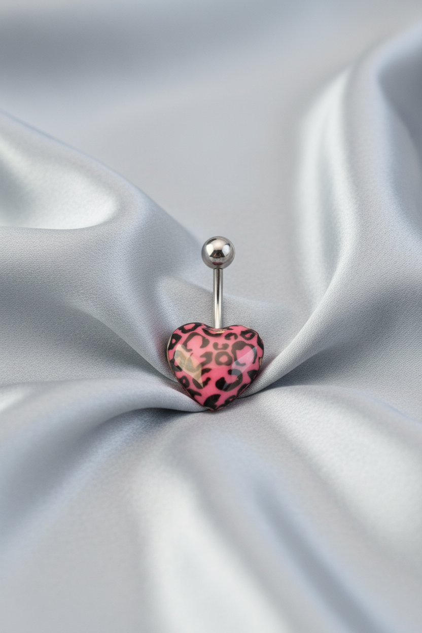 Pink Leopard Print Heart acrylic belly button ring in 316l stainless steel