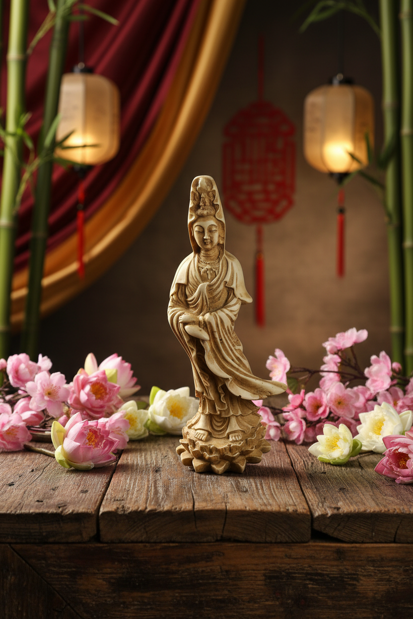 Ancient Goddess Quan Yin Ceramic Mini Figurine - Altar & Sacred Space in a mystic Oriental setting.