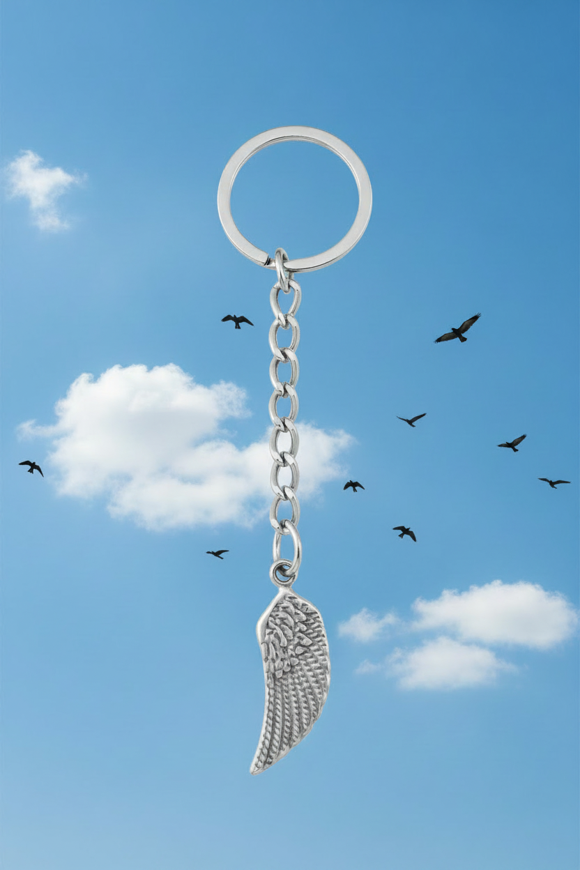 Bird Wing Handmade 316L Stainless Steel Charm Keychain in a blue sky with fluffy clouds and flying birds.