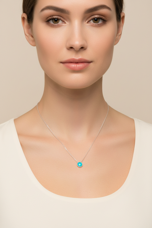 Aqua Opal Steel Chain Necklace in 316l stainless steel on a female model.