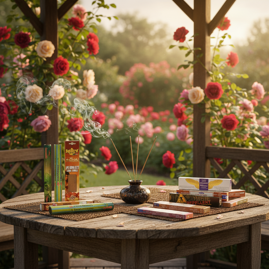 Poltergeist Protection Incense Variety Gift Package on a wooden table in a rose garden gazebo with incense burning and smoke rising.