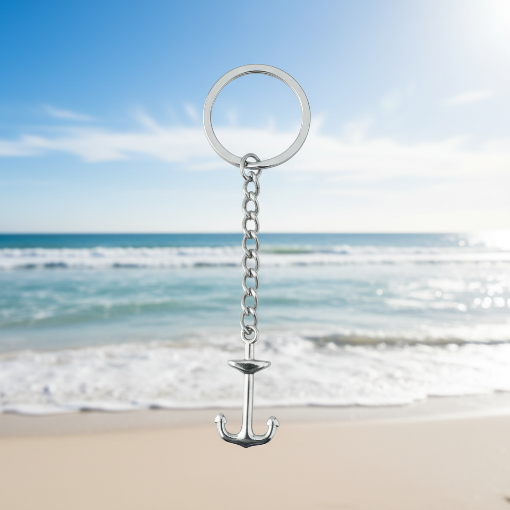 Anchor Handmade 316L Stainless Steel Charm Keychain with an ocean beach background.