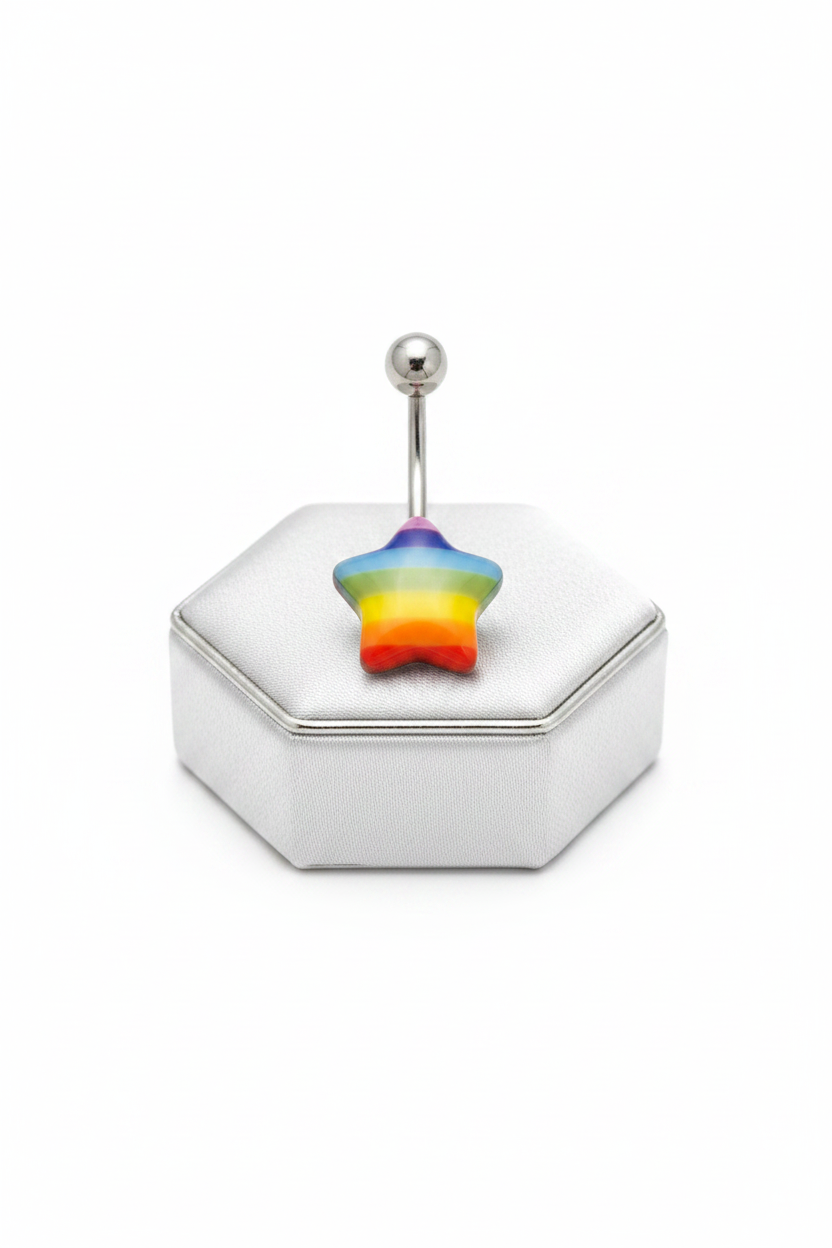 Rainbow Star Acrylic Belly Button Ring in 316l stainless steel on a silver jewelry display upright angle.
