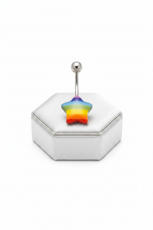 Rainbow Star Acrylic Belly Button Ring in 316l stainless steel on a silver jewelry display upright angle.