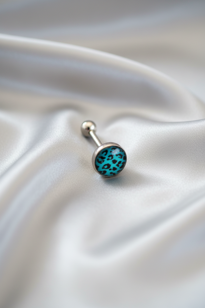 Blue Leopard Print tongue barbell in 316l stainless steel