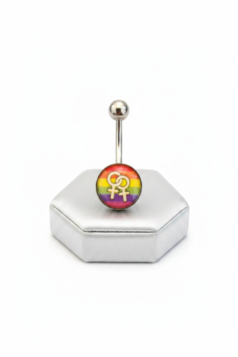 Rainbow Venus Belly Button Ring in 316l stainless steel on a silver jewelry display upright position.
