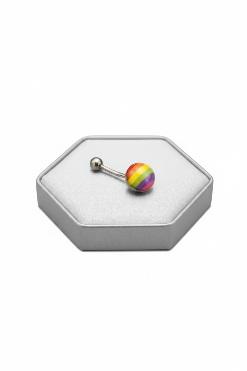 Rainbow Belly Button Ring in 316l stainless steel on a silver jewelry display.