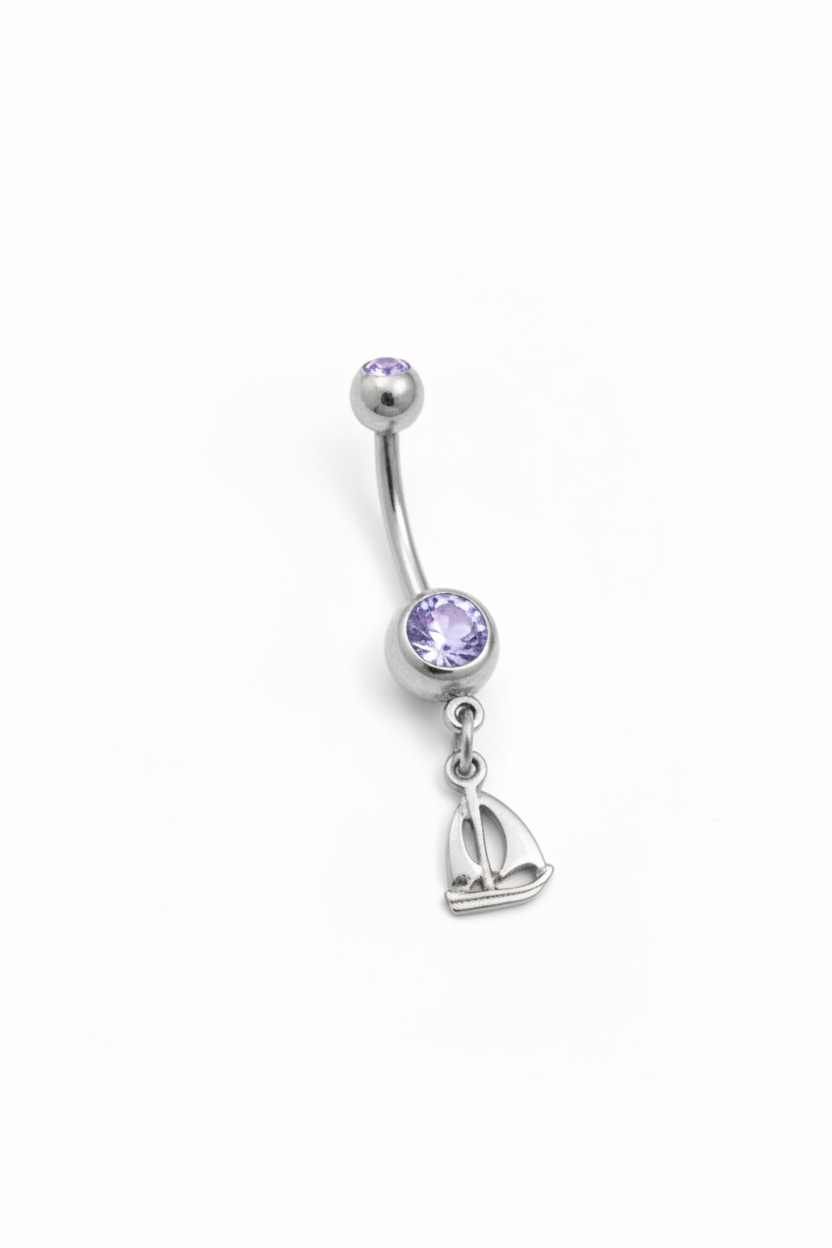 Purple Crystal Sterling Silver Sailboat Belly Button Ring in 316l stainless steel close up detail.