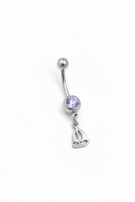 Purple Crystal Sterling Silver Sailboat Belly Button Ring in 316l stainless steel close up detail.