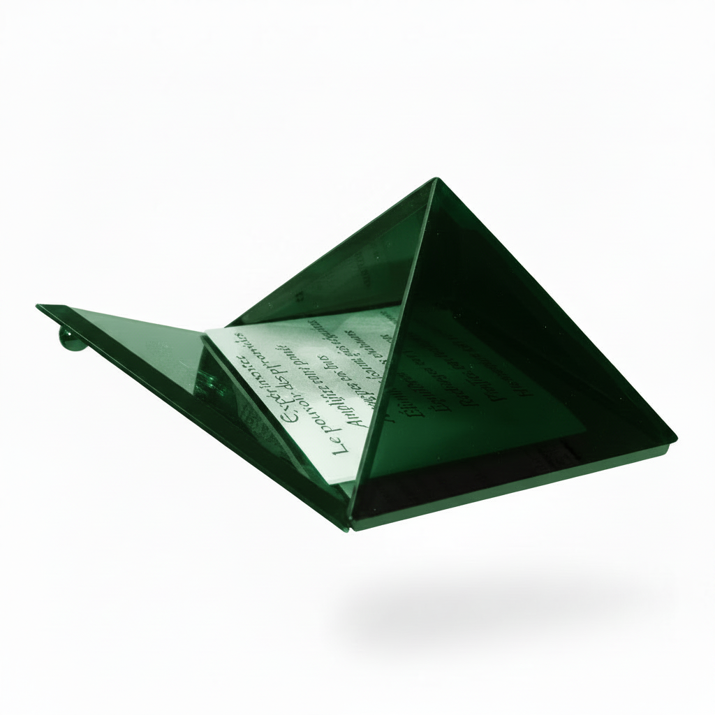 Dark green demo mini glass pyramid keepsake box with mirrored base open on a white background side profile.