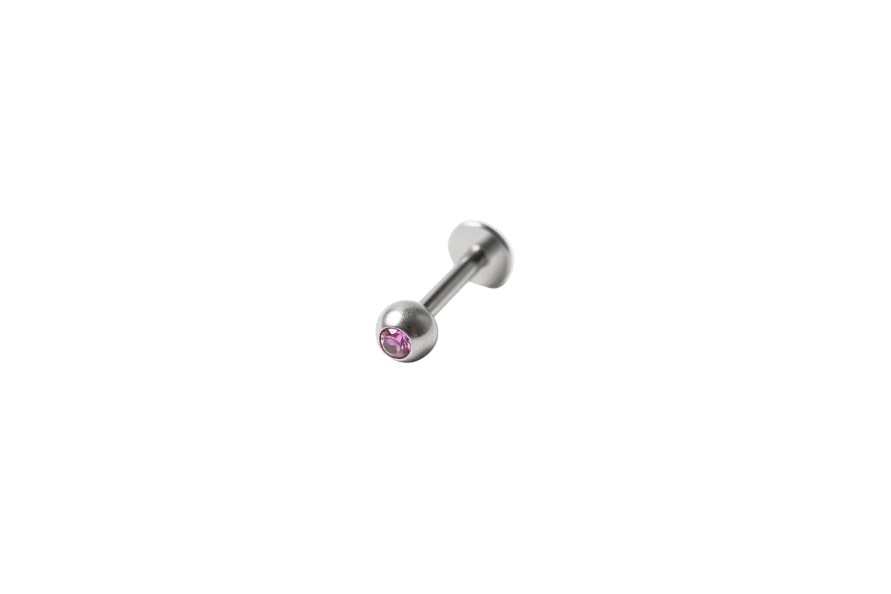 Purple Crystal Labret Lip Ring in 316l stainless steel close up detail.