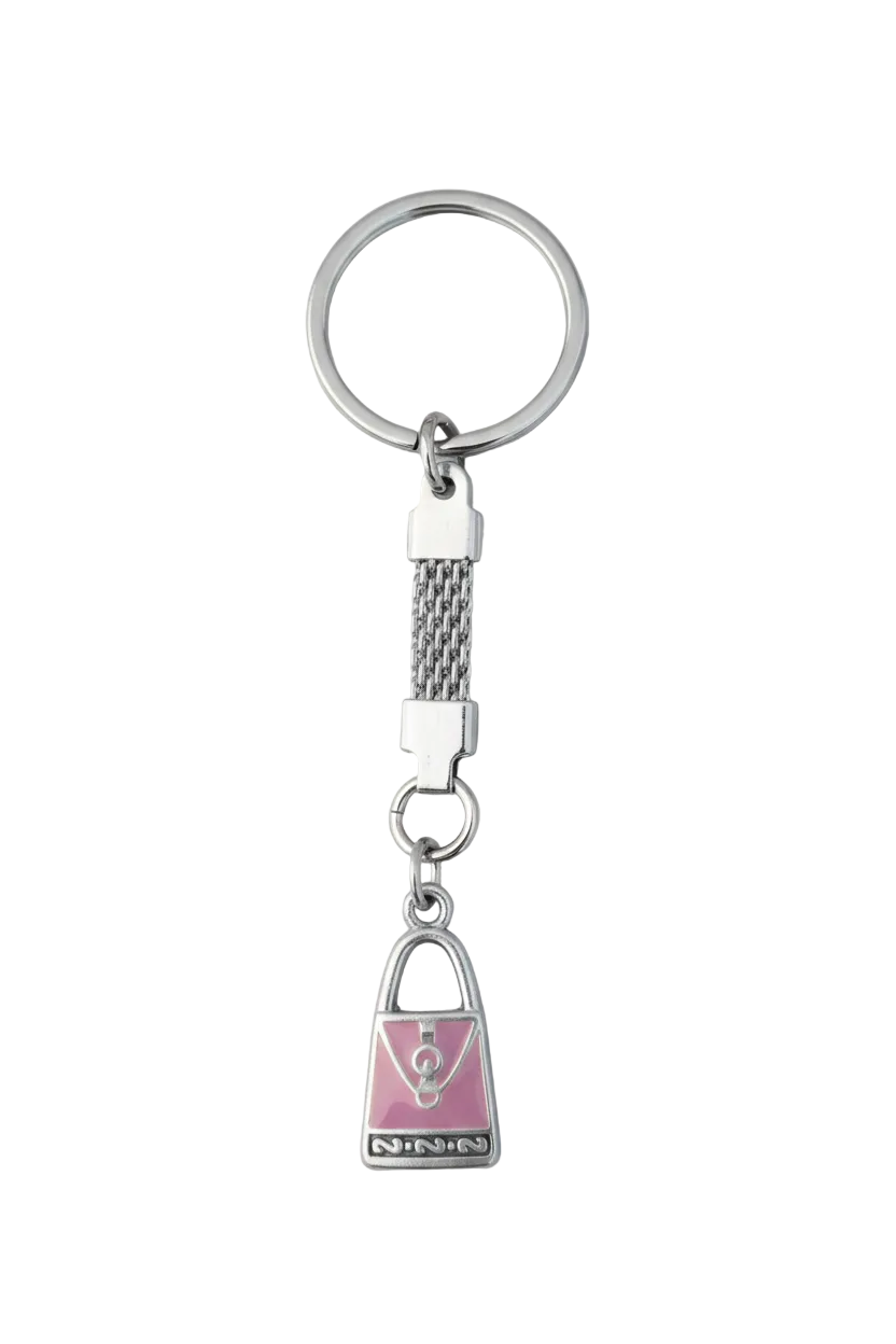 Purple Enamel Purse Handmade Silver Plated Charm Keychain on a white background.