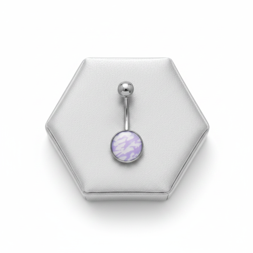 Blue Camouflage Belly Button Ring in 316l stainless steel on a silver silk jewelry display.