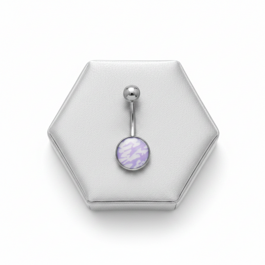 Blue Camouflage Belly Button Ring in 316l stainless steel on a silver silk jewelry display.