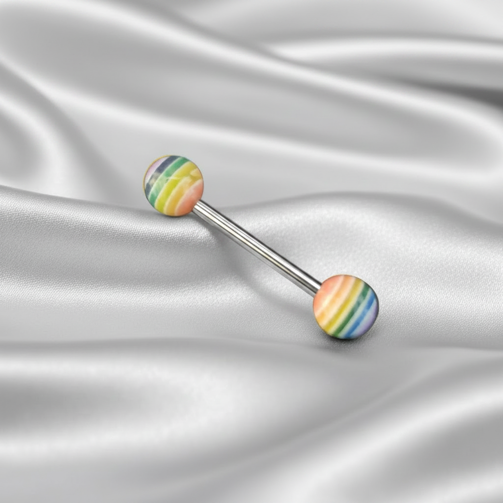 Rainbow Acrylic tongue barbell in 316l stainless steel