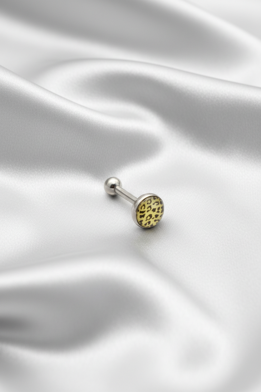 White Leopard Print tongue barbell in 316l stainless steel