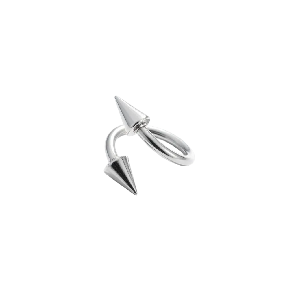 Steel Spike Curled Barbell in 316l stainless steel close up detail.