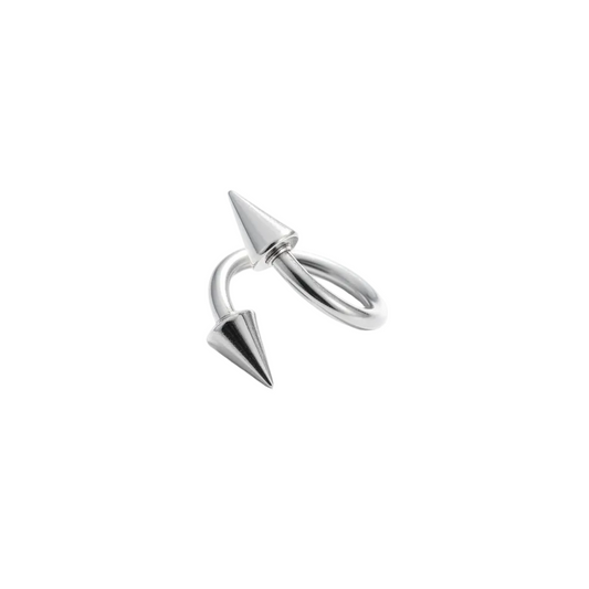 Steel Spike Curled Barbell in 316l stainless steel close up detail.