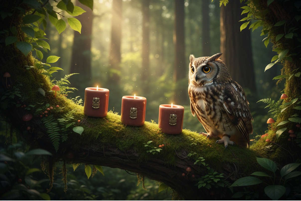 Brown Owl Ceramic Mini Candle Holder Set of Three on the branch of a leafy tree in a mystical forest with a live owl sitting next to them.
