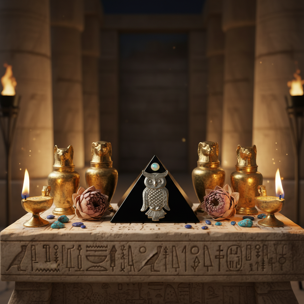 Black Owl Mini Glass Pyramid Keepsake Box on an Egyptian altar.