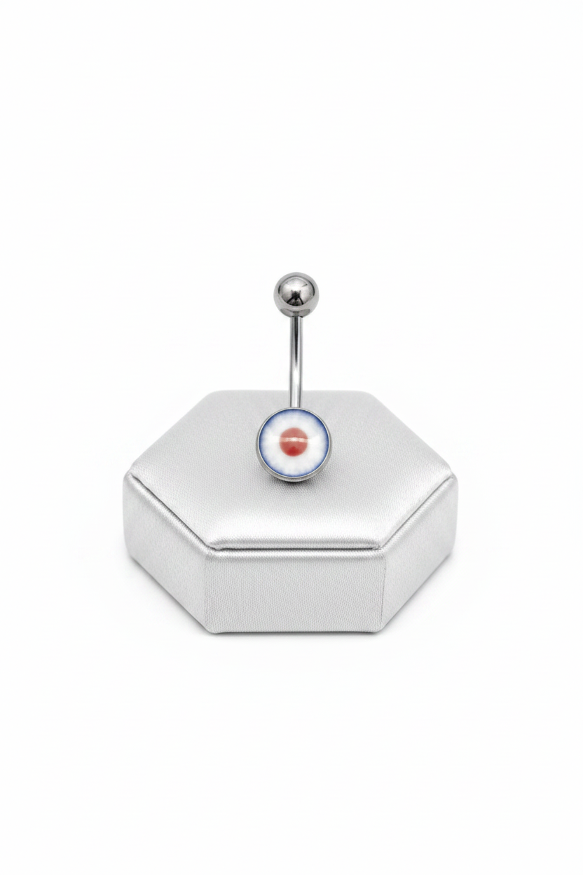 Blue Eyeball Belly Button Ring in 316l stainless steel on a silver jewelry display upright position.