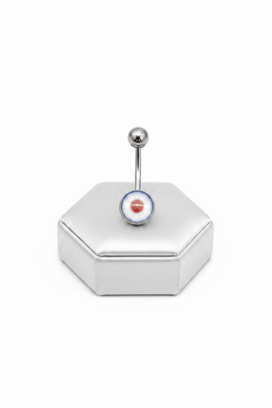 Blue Eyeball Belly Button Ring in 316l stainless steel on a silver jewelry display upright position.
