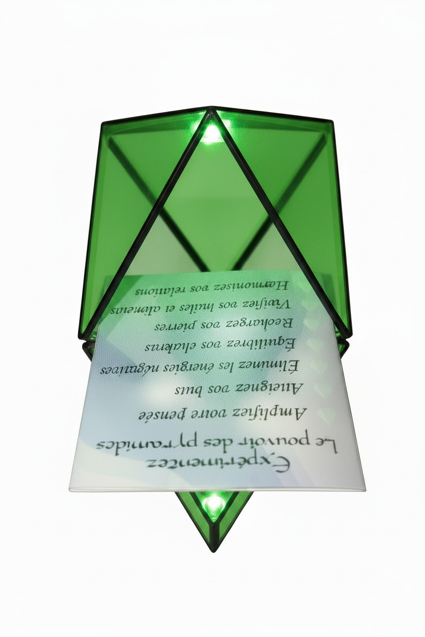 Light green demo mini pyramid keepsake box open on a white background showing mirrored base interior.
