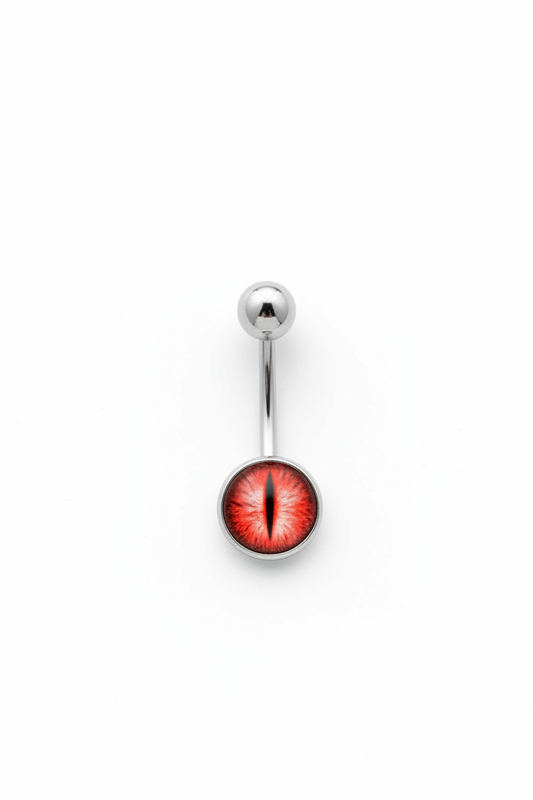 Red Snake Eye belly button ring in 316 stainless steel