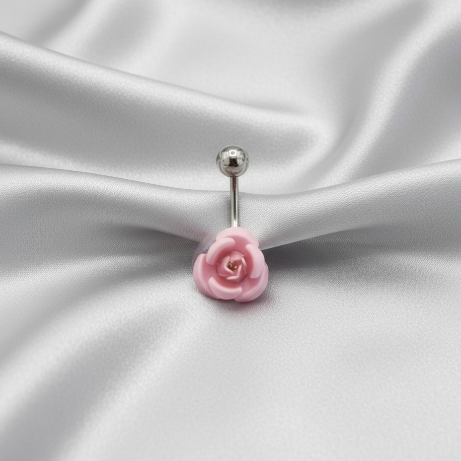 Pink Rose curved barbell belly button ring in 316L stainless steel