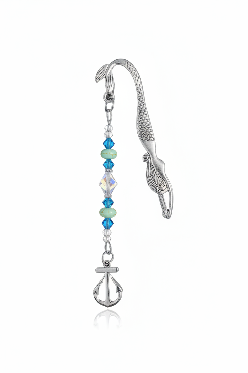 Anchor Handmade Beaded Mermaid Pewter Bookmark - One of a Kind on a white background showing charm detail.