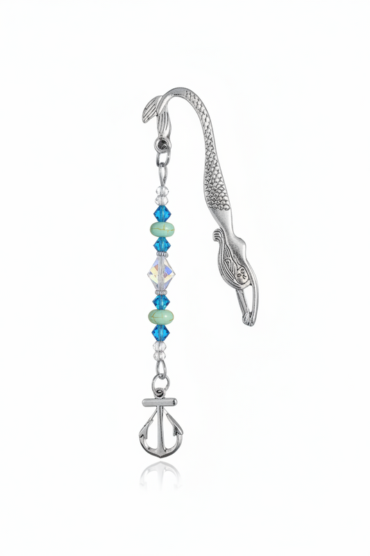 Anchor Handmade Beaded Mermaid Pewter Bookmark - One of a Kind on a white background showing charm detail.