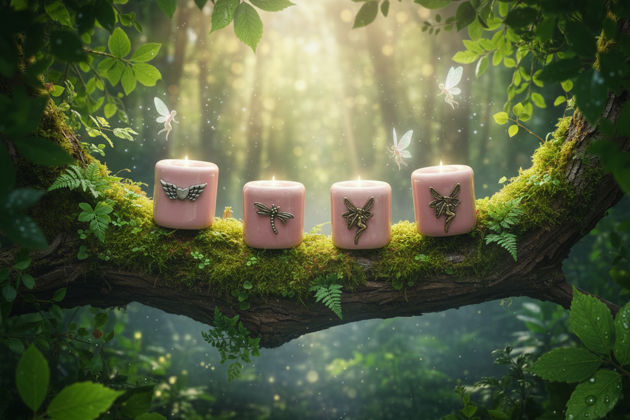 Pink Assorted Designs Ceramic Mini Candle Holder Set of Four on the branch of a leafy tree in a mystical forest surrounded by fairies in flight.