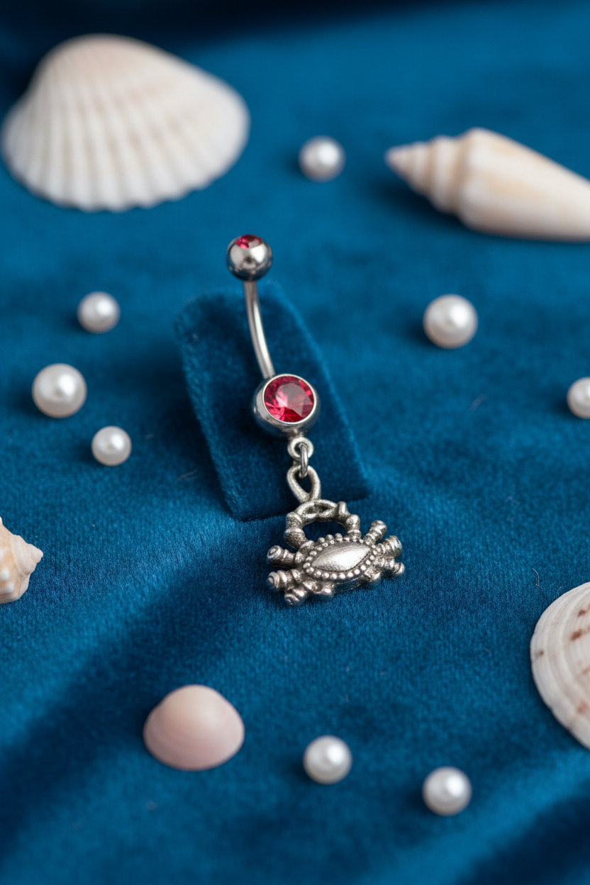 Red Crystal Cancer Crab Belly Button Ring in 316l stainless steel on a blue velvet display in close up detail.