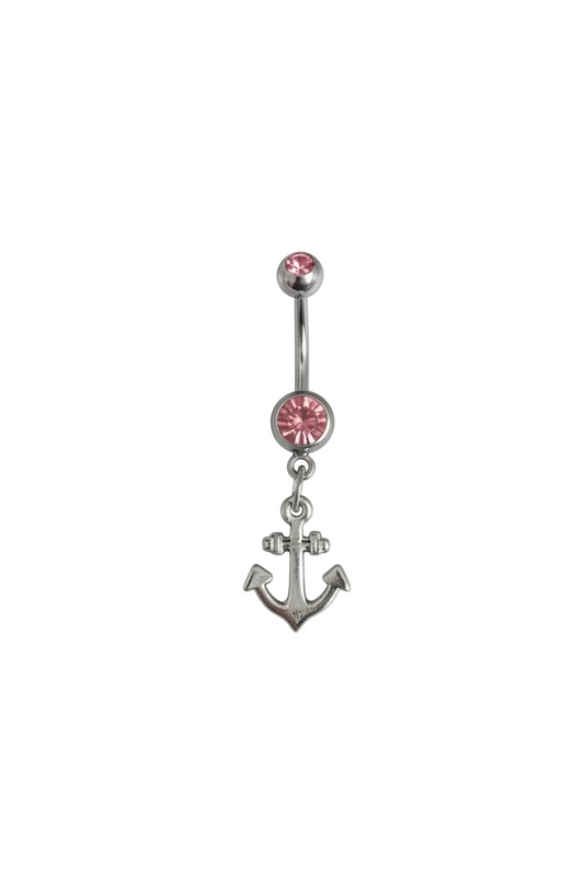 Pink Crystal Dainty Anchor Belly Button Ring in 316l stainless steel close up detail.