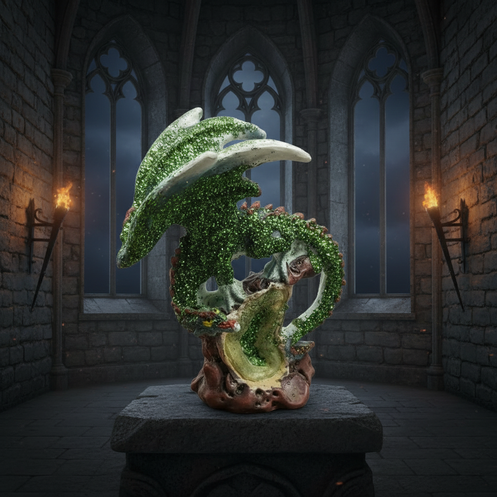 Green Sparkle Dragon with Geode Resin Figurine - Mystical Home Decor on a stone table in a medieval castle setting.