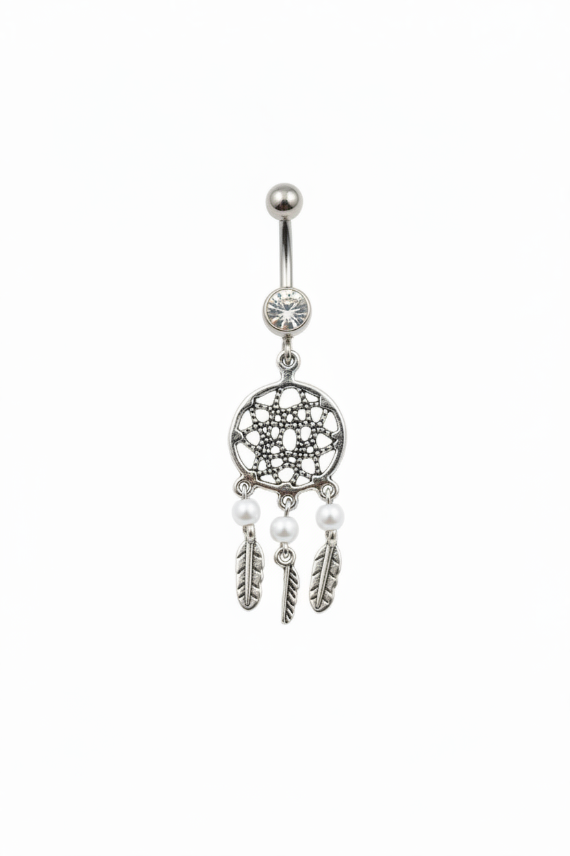 Clear Crystal Dream Catcher Belly Button Ring in 316l stainless steel in close up detail.