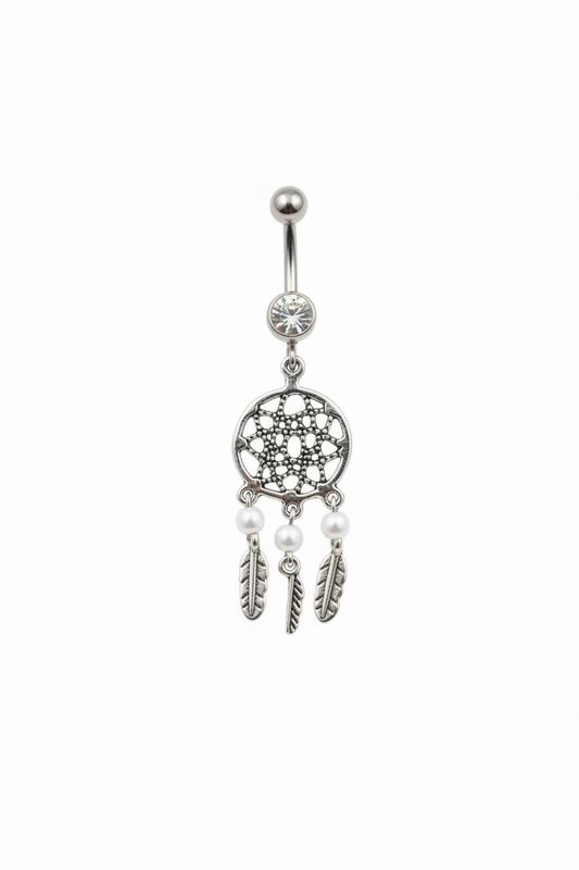 Clear Crystal Dream Catcher Belly Button Ring in 316l stainless steel in close up detail.