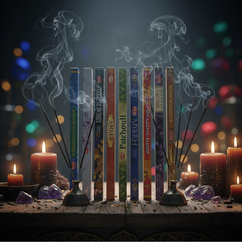 Mystic Money Incense Variety Gift Package burning in a mystic setting with smoke rising.