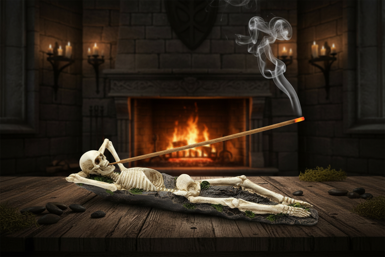 Skeleton Resin Incense Holder - Free Incense on a wooden table in front of a fireplace in a medieval castle setting with incense burning and smoke rising.