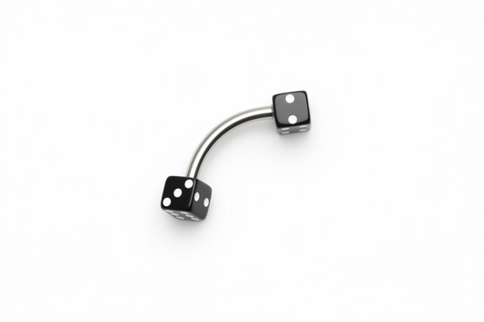 Black Acrylic Dice Eyebrow Ring in 316l stainless steel close up detail.