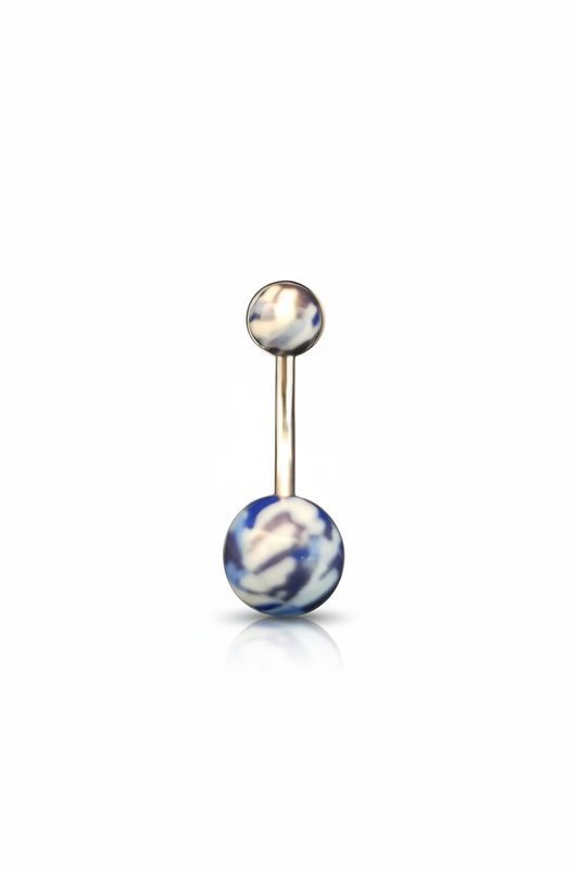 Blue Camouflage Acrylic belly button ring in 316L stainless steel