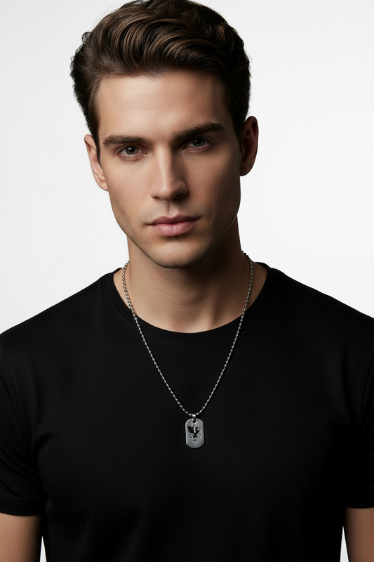 Griffin Dog Tag Steel Chain Necklace in 316l stainless steel on a male model.